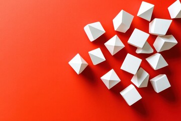 Poster - Geometric White Cubes Arranged Diagonally On Vibrant Red Background With Shadows and Textured Effect