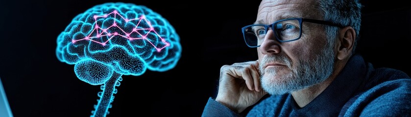 Poster - An older man looks at a brain displaying neural pathways and activity