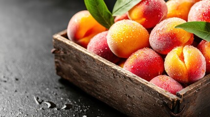 Poster - Fresh ripe peaches with green leaves inside a wooden crate