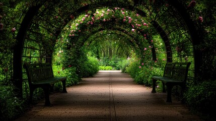 Aufkleber - A picturesque garden path framed by rose covered arches