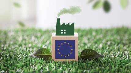Aufkleber - Wooden block with EU flag and green factory model emitting green smoke sits on artificial grass, showcasing sustainable industry concept