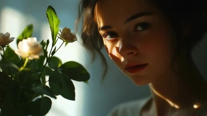 Aufkleber - A woman examines a single flower in a decorative vase, a moment of quiet contemplation