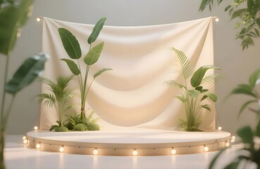 Aufkleber - クリーム色のドレープ背景に熱帯植物がある照らされたステージで製品プレゼンテーションを行う