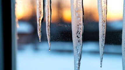 Poster - Sharp transparent icicles hanging with a scenic out of focus background