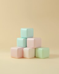 Poster - A pyramid of pastel colored cubes stacked against a warm beige background creating a visually balanced composition with soft lighting and clean lines