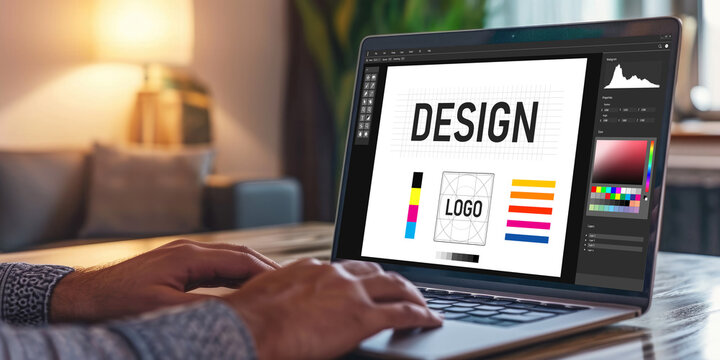 Graphic designer software for modern design of web page and commercial brisk ads showing on the computer screen