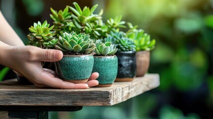 Aufkleber - A hand holding multiple potted succulent plants on a wooden surface