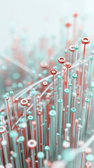 Poster - Abstract image of numerous slender cylinders, topped with rings in teal and coral, suggesting a network or connection