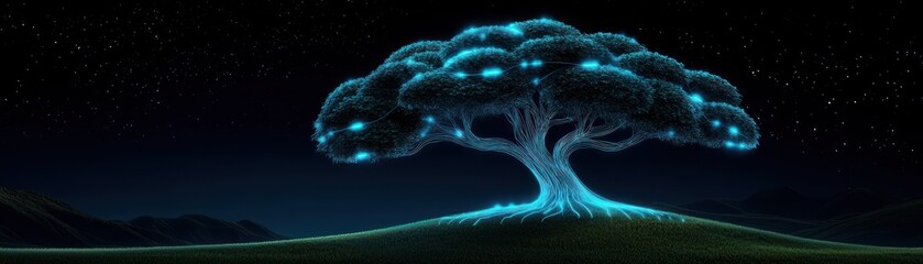 Poster - A luminous magical tree stands on a grassy night landscape