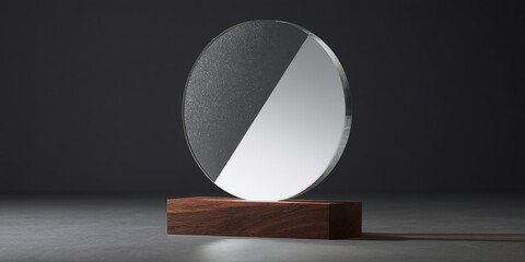 Poster - Oval glass showcase on wooden base, half textured, half blank, ideal for logo or text placement, minimalist design, clean aesthetic