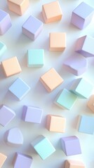 Poster - Soft pastel colored cubes scattered on a light background creating a playful and abstract composition
