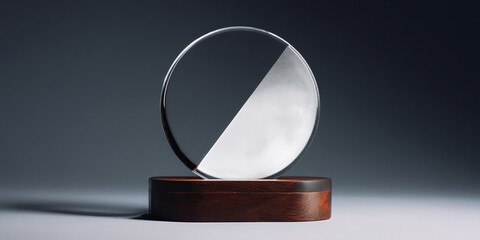 Poster - Oval glass award on dark wood base, half clear, half frosted glass. Represents achievement, recognition, or success, ideal for award ceremonies or corporate events