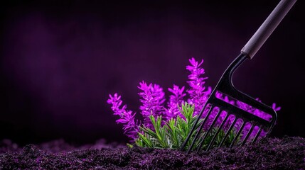 Poster - A rake is tending to some beautiful purple plants in soil