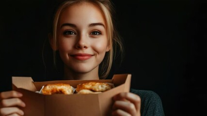 Poster - A woman holding a box of doughnuts in front of her face, possibly hiding or blocking view