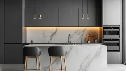 Poster - Modern kitchen with a sleek marble countertop and bar stools