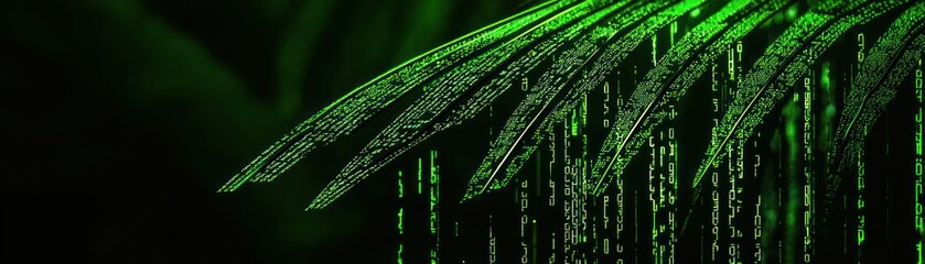 Poster - A green leaf with a digital code overlay and a dark background