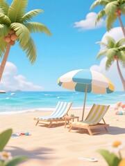 Aufkleber - 青い空の下の砂浜に並ぶビーチチェアとパラソルとヤシの木が美しい夏のビーチリゾートの穏やかな風景