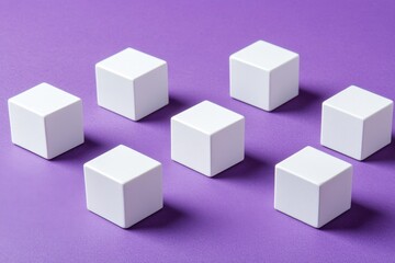 Poster - Seven white cubes arranged on a vibrant purple surface create a geometric pattern. The minimalist composition highlights the shapes and textures with even lighting.