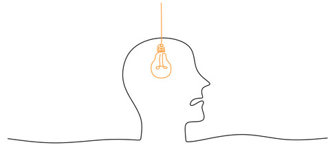 Wall Mural - continuous line drawing person holding light bulb head. creativity new ideas innovation work vector.