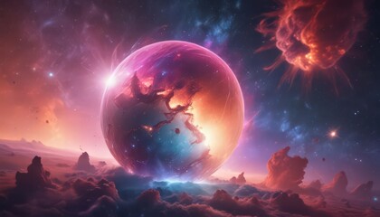 Wall Mural - mysterious luminous sphere floats in vibrant nebula , space exploration, light, cosmos