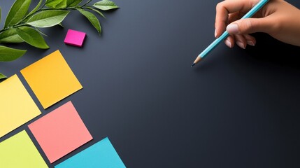 Poster - A hand holding a pencil near colorful sticky notes