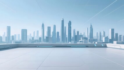 Aufkleber - パステルブルーの背景に現代的な高層ビル群のスカイライン デザインとデジタル未来的な抽象的な都市景観