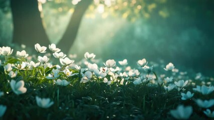 Poster - A serene scene featuring a field of white flowers with a tree standing tall in the background