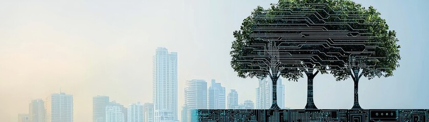 Poster - Trees Composed With Electronic Circuits Over A City Skyline