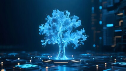Aufkleber - 青い光る木を特徴とする抽象的なデジタルテクノロジーの背景 未来的な回路と接続を示す画像