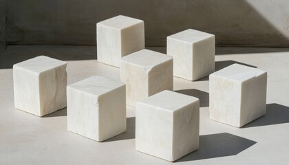 Poster - Arrangement of seven white cubic blocks under sunlight casting shadows on a textured surface. The composition showcases geometric shapes and a minimalist aesthetic.
