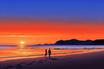Aufkleber - 夕焼けのビーチを歩くカップルのシルエット オレンジ色の空と穏やかな波 海岸の風景 日本のビーチでロマンチックな夕暮れ
