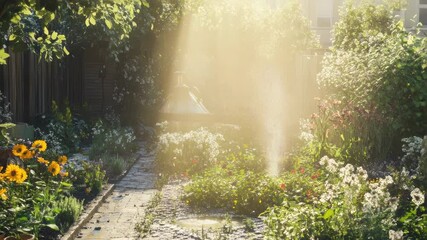 Poster - Garden scene with sunlight shining through tree leaves