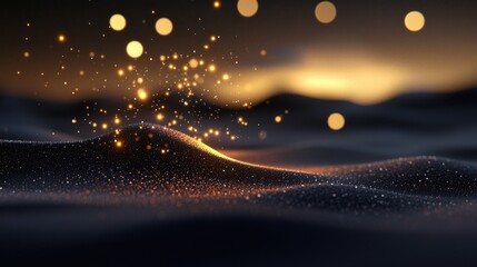 Poster - Sparkling golden particles emitting over dark undulating landscape shapes