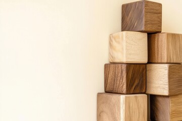 Poster - Arranged wooden cubes in varying shades of brown stacked against a soft cream backdrop highlighting texture and geometric shapes. Minimalist composition.