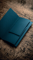 Poster - Dark teal textured paper mockup, folded brochure on wood background, showcasing blank space for text or branding, ideal for business presentation or invitation design