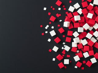 Poster - Abstract composition of scattered red and white cubes on a black textured background high-angle shot top-down view