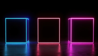 Poster - Three illuminated neon cubes glow with blue pink and red light on wet reflective surface against black background creating futuristic and vibrant visual