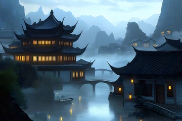 Poster - 夜の青いアジアの村 伝統的な建物と山と川 幻想的なスタイルと光の反射