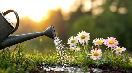 Aufkleber - Water pours from a watering can onto garden flowers in sunlight