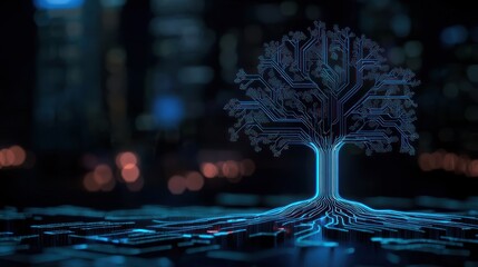 Poster - A glowing electronic tree stands with a city background