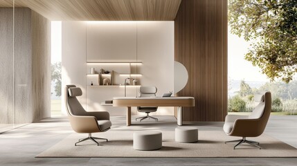 Aufkleber - A modern office interior featuring a desk and seating furniture