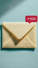 Poster - pale yellow envelope on blue background, notification bubble shows numerous messages, symbolizes com