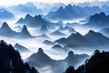 Aufkleber - 霧が立ち込める青い山々の風景 中国の山岳地帯の自然景観 幻想的な雰囲気