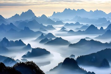 Aufkleber - 朝靄が立ち込める青い山々のパノラマ風景 中国の自然の美しさ 観光旅行の背景に