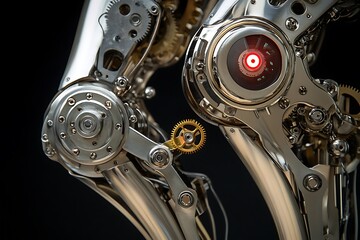 Poster - Brushed steel robotic leg actuator with intricate gear systems and neon-lit sensors 