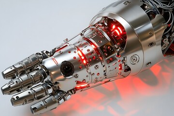 Poster - Brushed steel robotic leg actuator with intricate gear systems and neon-lit sensors 
