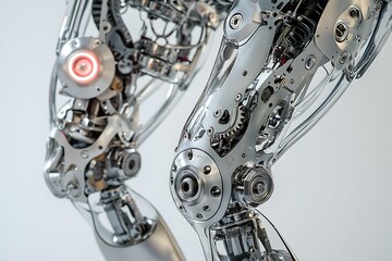 Poster - Brushed steel robotic leg actuator with intricate gear systems and neon-lit sensors 