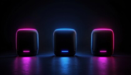 Aufkleber - Three futuristic cube-shaped objects glowing with neon blue and magenta lights reflecting on a dark surface, creating a modern and technological ambiance.