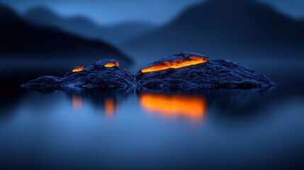 Poster - An ethereal nighttime landscape showing glowing rocky islands in water