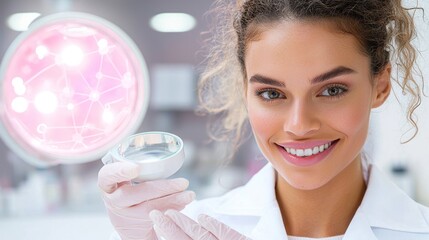 Poster - Smiling woman with tool under a bright illuminating light in lab
